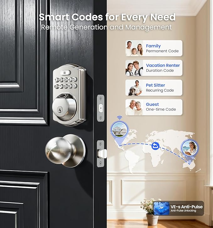 Veise VE012W-K Built-in WiFi Fingerprint Smart Lock with 2 Knobs, No Hub Needed, Remote APP Control, Keyless Entry Door Lock, Smart Deadbolt for Front Door, Auto Locking, Satin Nickel