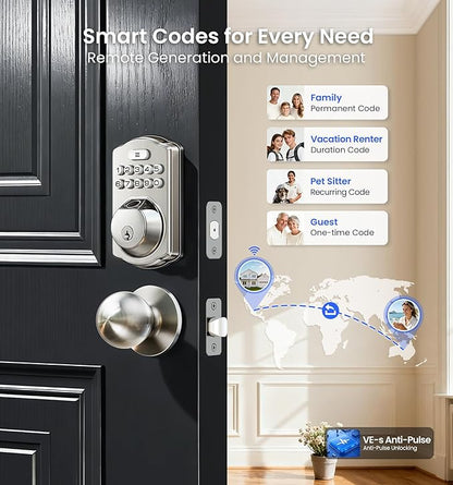 Veise VE012W-K Built-in WiFi Fingerprint Smart Lock with 2 Knobs, No Hub Needed, Remote APP Control, Keyless Entry Door Lock, Smart Deadbolt for Front Door, Auto Locking, Satin Nickel
