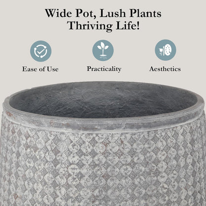 Worth Garden Large Round Planters Set of 2 (14.5"x17.5" & 12" x15“) - Lightweight Magnesium Oxide Cement Plant Pot with Texture - Grey Concrete Look with Drainage Hole – Indoor & Outdoor Use
