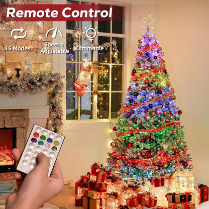 6 ft Lighted Snow Flocked Christmas Tree with Remote Control, 250 Multicolor RGB LED Lights, 1032 PVC Branch Tips, Artificial Hinged Christmas Tree with for Holiday, 15 Modes