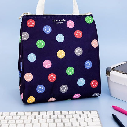 kate spade new york Cute Lunch Bag for Women, Large Capacity Adult Lunch Box with Silver Thermal Insulated Interior Lining and Storage Pocket (Spade Smiley)