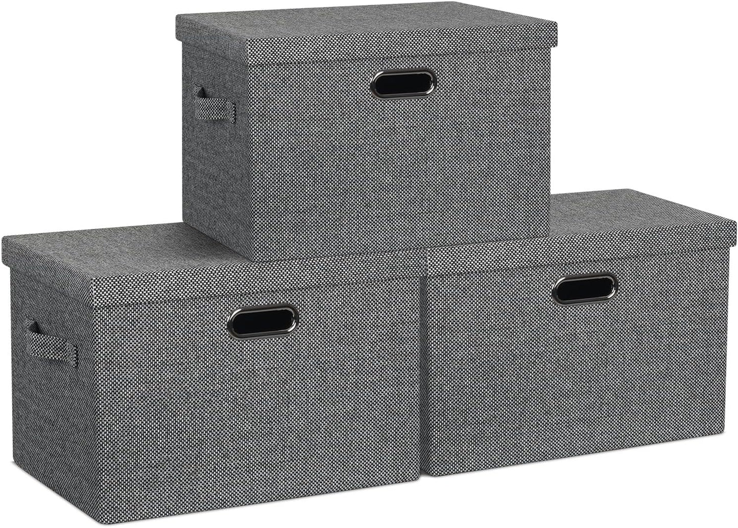 Large 17" 36 Quart Collapsible Stackable Storage Bins with Lids, 3 Packs Black and White Mix Linen Fabric Closet Boxes with Lids, Storage Cube Baskets Container Organizers (17x12x11)