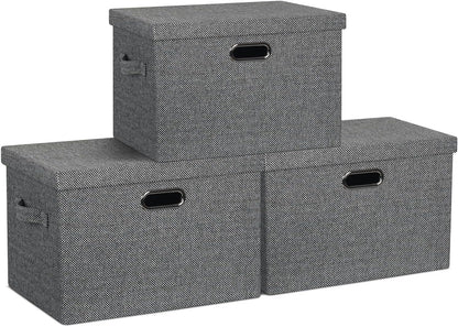 Large 17" 36 Quart Collapsible Stackable Storage Bins with Lids, 3 Packs Black and White Mix Linen Fabric Closet Boxes with Lids, Storage Cube Baskets Container Organizers (17x12x11)