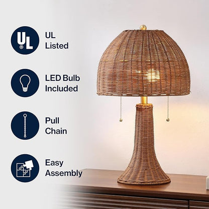 JONATHAN Y 22" Dark Brown/Brass Gold Bohemian Rustic LED Table Lamp for Bedroom, Natural Rattan Shade, Farmhouse Coastal Nightstand Lamp for Living Room, LED Bulbs Included (JYL4040C)