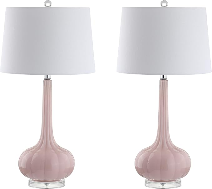 JONATHAN Y 28.5" Pink Glass Teardrop LED Table Lamp Set of 2 for Living Room Bedroom Nightstand, White Linen Shade Modern Transitional Bedside Desk Lamp JYL1079A-SET2