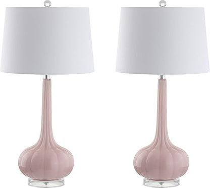 JONATHAN Y 28.5" Pink Glass Teardrop LED Table Lamp Set of 2 for Living Room Bedroom Nightstand, White Linen Shade Modern Transitional Bedside Desk Lamp JYL1079A-SET2
