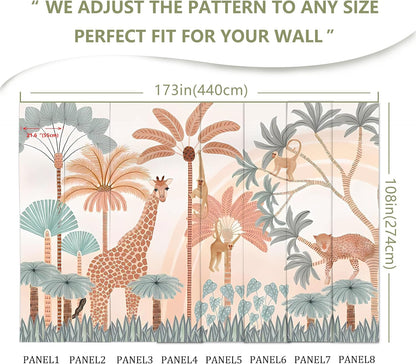 Safari Mural Wallpaper Tropical Tree Animal Large Wall Decor for Kids Room (Not Peel and Stick)
