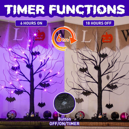 EAMBRITE Halloween Tree, Black Halloween Decorations Indoor, 2FT Spooky Tabletop Trees Battery Operated with 24LED Purple Lights 8 Bat Ornaments, Centerpieces for Tables, Home, Room(2 Pack)
