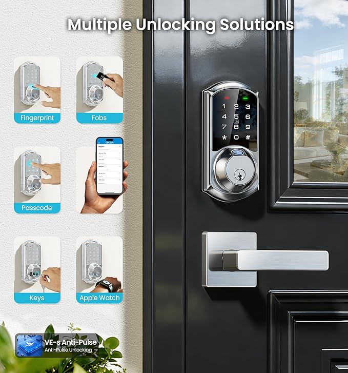 Veise VE07-L Fingerprint App Control Smart Locks with Heavy-Duty Zinc Alloy Handles, Keyless Entry for Front Door, Digital Electronic Touchscreen, Auto Lock, Waterproof, Easy Install, Satin Nickel