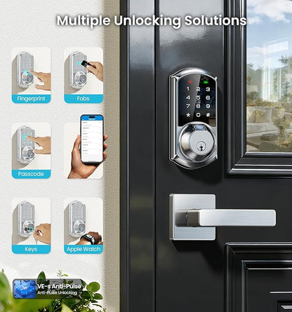 Veise VE07-L Fingerprint App Control Smart Locks with Heavy-Duty Zinc Alloy Handles, Keyless Entry for Front Door, Digital Electronic Touchscreen, Auto Lock, Waterproof, Easy Install, Satin Nickel