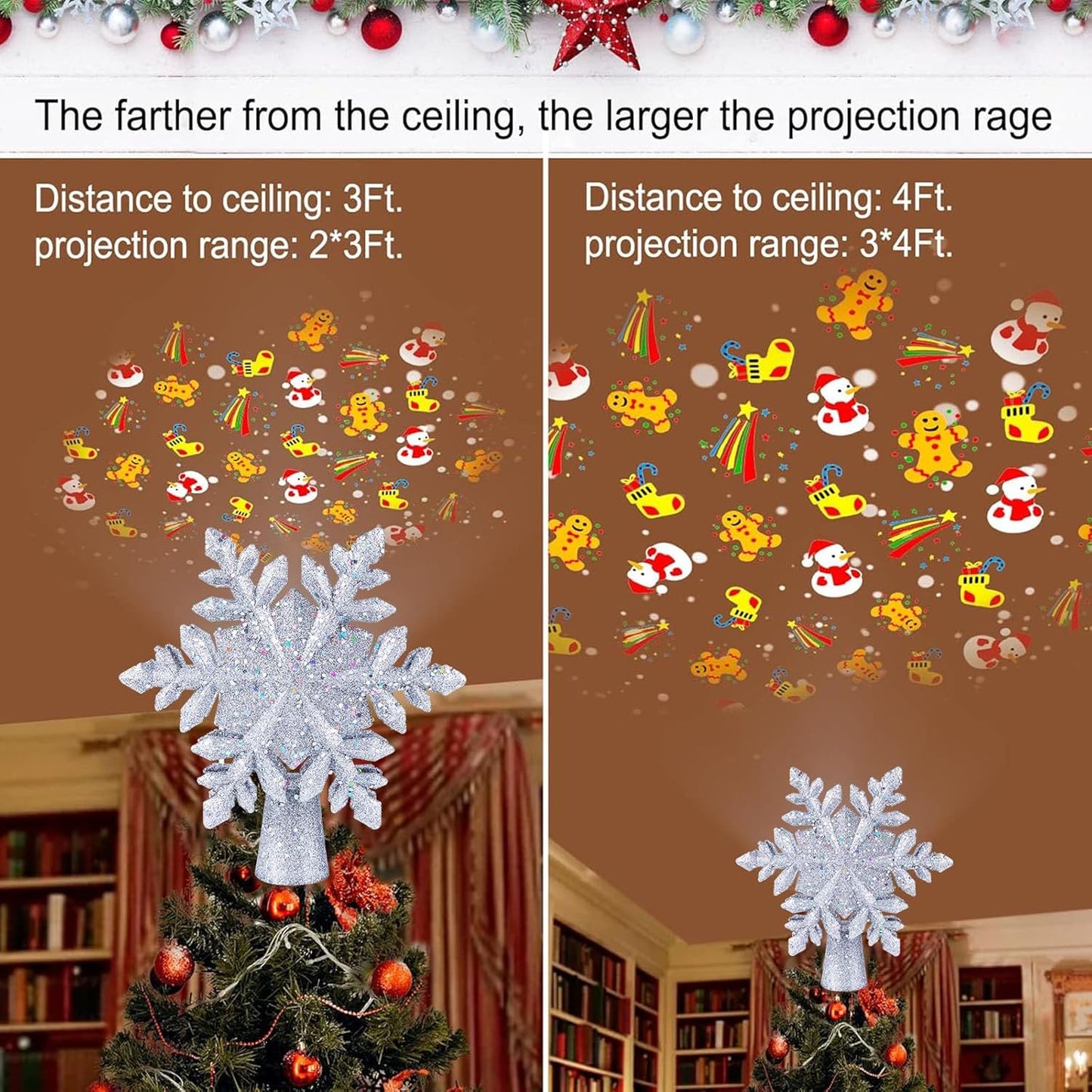 Christmas Tree Topper Lighted with 6 Projection Modes, 9.6” Hollowed Snowflake Tree Topper with Silver Spangles Plug in for Indoor Home Xmas New Year Party Holiday Night Tree Decor