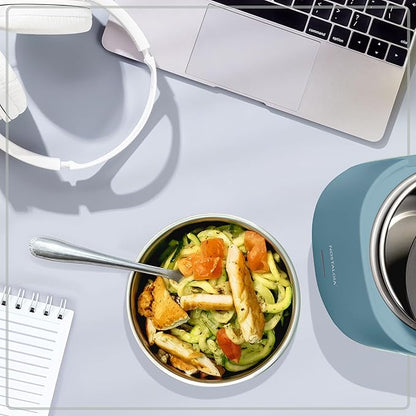 Nostalgia Portable Heated Lunch Box – 2.5-Cup Stainless Steel Food Warmer – Detachable Cord, Leak-Proof Lid, Carry Handle – Portable for Work & Travel – Ocean Blue