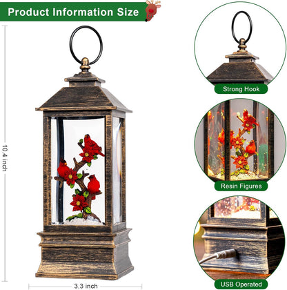 Christmas Snow Globe Lantern Indoor Decor Cardinal with Music,6H Timer,USB Lined/Battery Operated Lighted Lantern for Christmas Festival Decoration Giftsts