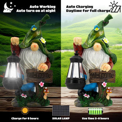 Garden Gnome Statue, Resin Figurine with Bright Solar Lantern Lights and Welcome Sign, Outdoor Solar-Powered Illumination Yard Art Decorations for Indoor Outdoor Patio Lawn Garden Room