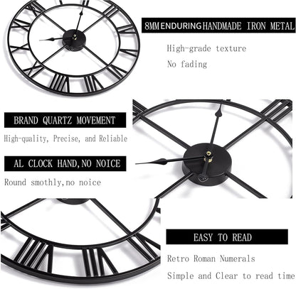 Silent Non-Ticking Decorative Large 24 Inch Metal Vintage Retro Roman Numerals Wall Clock, Battery Operated for Living Room, Bedroom, Kitchen, Office, Cafe Farmhouse Decor