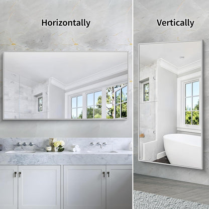 30x55In Silver Bathroom Mirror for Wall, Brushed Nickel Rectangle Mirrors with Metal Frame, Bathroom Rectangular Mirror Modern Wall Mirror for Bedroom Living Room, Hangs Horizontal or Vertical