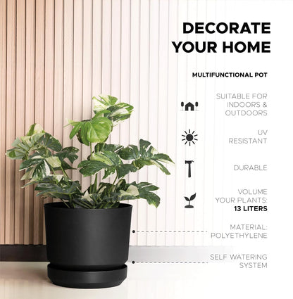 Elly Décor 14 inch Plastic Cylinder Planter Pot with Self-Watering Saucer and Drainage Hole,Lightweight & Extremely Durable, 14"x 14", Black
