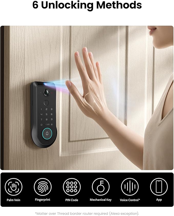 Lockin Veno Pro Smart Deadbolt Lock with Dual Swappable Batteries for 6-Month Extended Power, Palm Vein & Fingerprint Keyless Entry, Built-in Wi-Fi, Doorbell, App Remote Control, IP65 Waterproof
