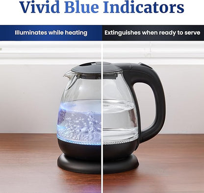 Elite Gourmet EKT1001B Electric 1.0L BPA-Free 1100W Glass Kettle Cordless 360° Base, Stylish Blue LED Interior, Handy Auto Shut-Off Function – Quickly Boil Water For Tea & More, Graphite Black
