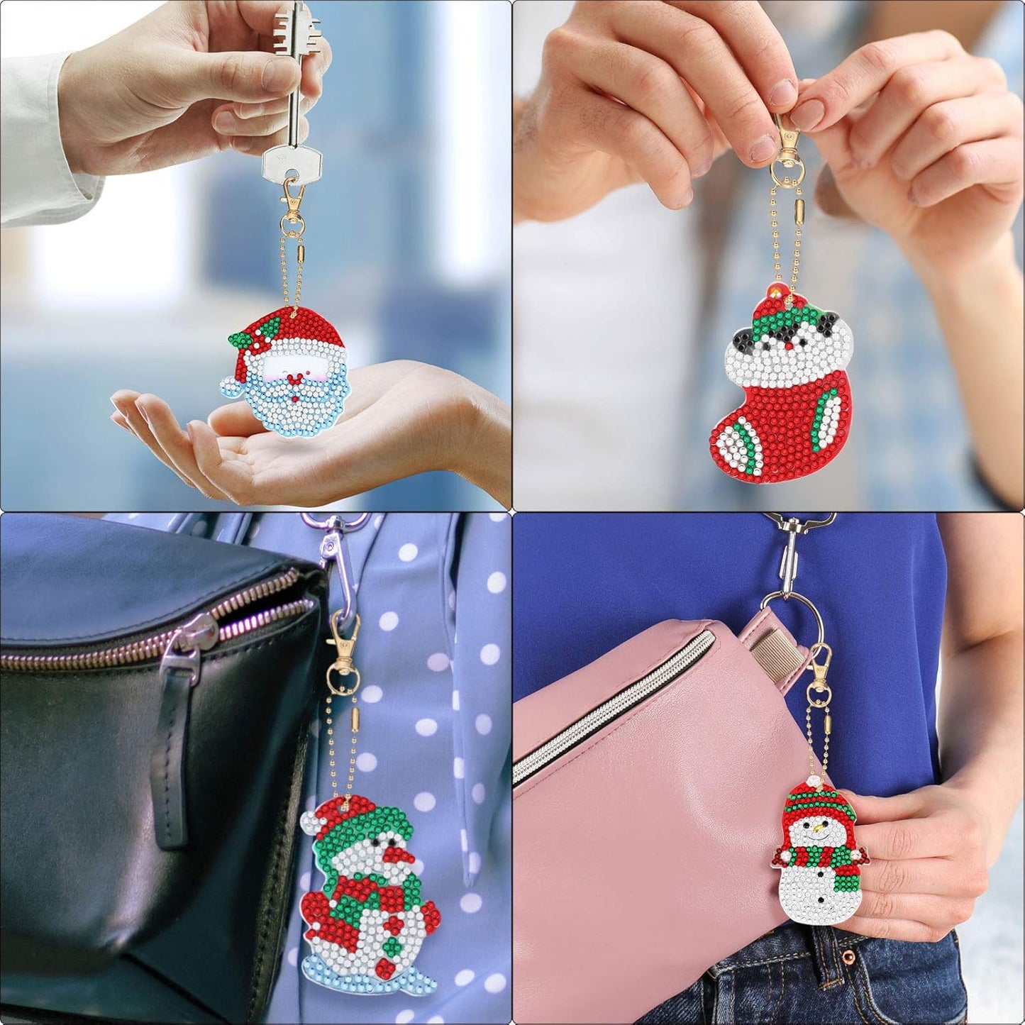 Yaomiao 17 Pieces Double Sided Diamond Art Christmas Ornaments Christmas Keychains Diamond Art Kit for Adult DIY 5d Painting Round Drill Key Chain Xmas Crystal Rhinestone Arts Craft Keychain Supplies