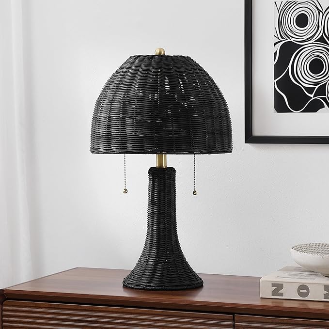 JONATHAN Y 22" Black/Brass Gold Bohemian Rustic LED Table Lamp for Bedroom, Natural Rattan Shade, Farmhouse Coastal Nightstand Lamp for Living Room, LED Bulbs Included (JYL4040D)