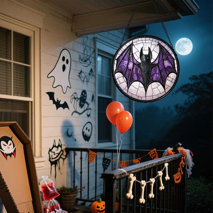 Stained Glass Window Hanging - Halloween Black Bat Purple Wings Monster Suncatcher for Doors Garden Home Spooky Sun Catchers Gothic Decor Horror Gift for Women Men Friend Boy Girl 7.8 in