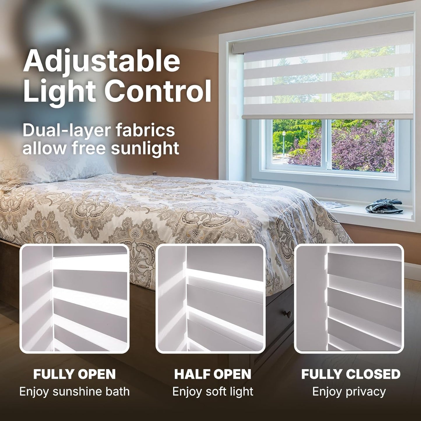 HESTIA Cordless Zebra Blinds Light Filtering Roller Shades Blackout Indoor Window Blind for Home Office,White,30" W x 54" H