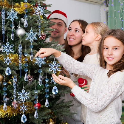 32pcs Crystal Christmas Ornaments for Christmas Tree Decorations-Blue Hanging Acrylic Snowflake and Icicle Ornaments with Drop Pendants for Xmas Winter Wonderland New Year Party Decorations Supplies