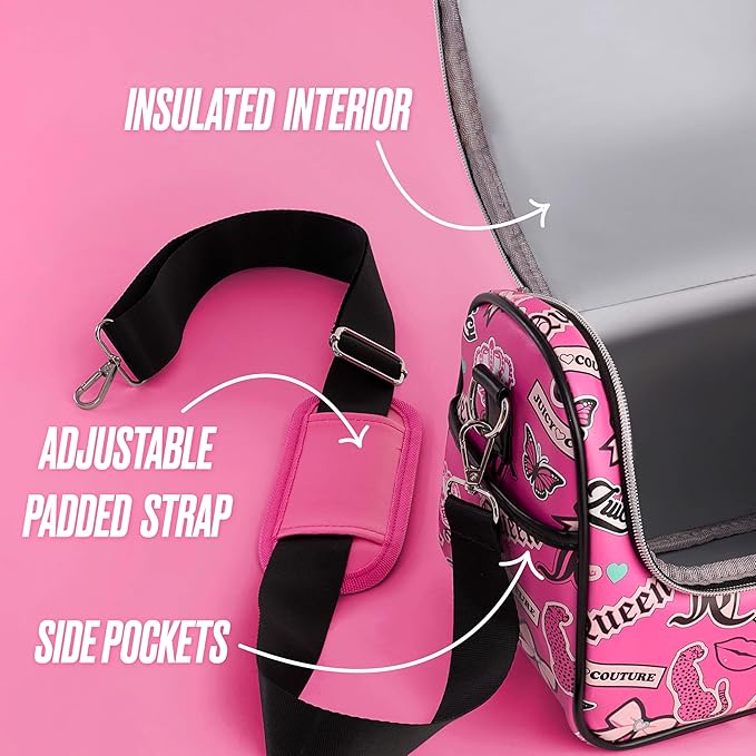 Juicy Couture Insulated Lunch Bag – Stylish Cooler Tote with Adjustable Crossbody Strap, Hot Pink Printed Stickers – Women's Lunch Box Bag for Work, School, Travel