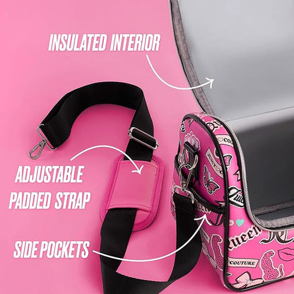 Juicy Couture Insulated Lunch Bag – Stylish Cooler Tote with Adjustable Crossbody Strap, Hot Pink Printed Stickers – Women's Lunch Box Bag for Work, School, Travel