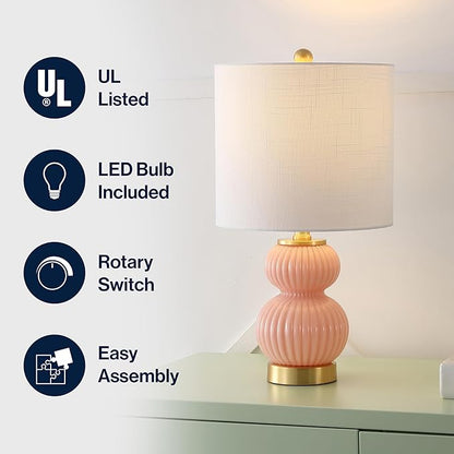 JONATHAN Y 20" Pink/Brass Gold Ribbed Gourd Glass Table Lamp, Modern Bedside Lamp for Bedroom Living Room, White Linen Drum Shade, LED Bulb Included (JYL1099B)