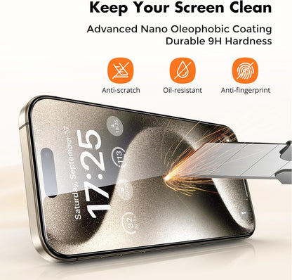 UNBREAKcable Shatterproof Tempered Glass Screen Protector for iPhone 15 Pro [3-Pack] [Easy Installation Frame] [9H Hardness] [99.99% HD Clear][Bubble Free] for Apple 6.1”