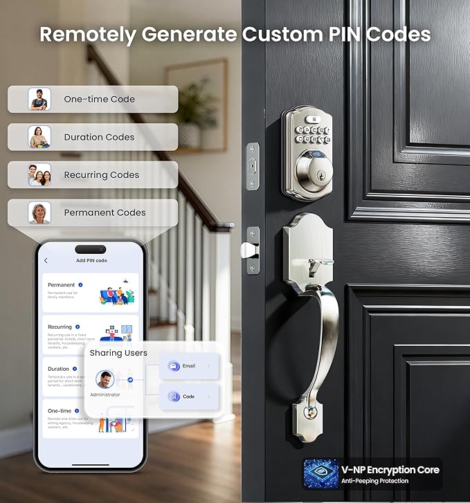 Veise VE012W-H WiFi Smart Front Door Lock Set, Built-in WiFi, App Remote & Voice Control, Fingerprint Keyless Entry Smart deadbolt with Handle, Backlit Keypad, Auto Lock, IP55 Waterproof, Satin Nickel