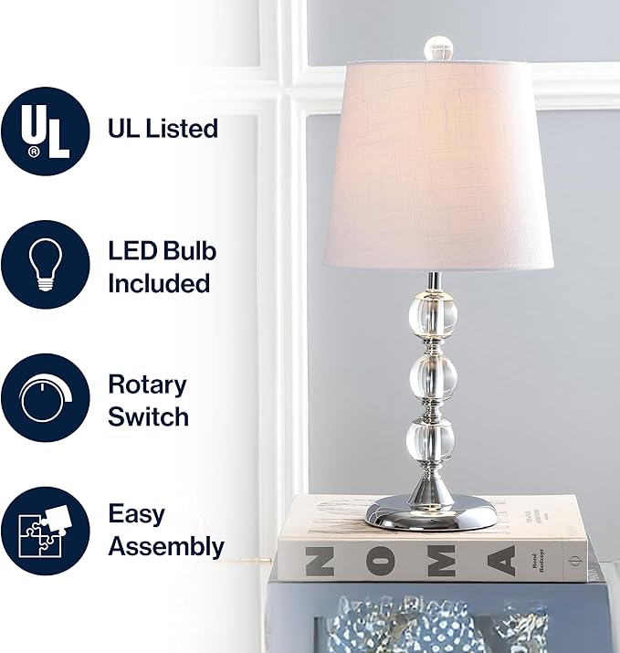 JONATHAN Y 20" Clear Crystal Mini LED Table Lamp, Chrome Modern Traditional Bedside Lamp with White Linen Drum Shade for Living Room Bedroom, UL Listed, LED Bulb Included JYL2026A