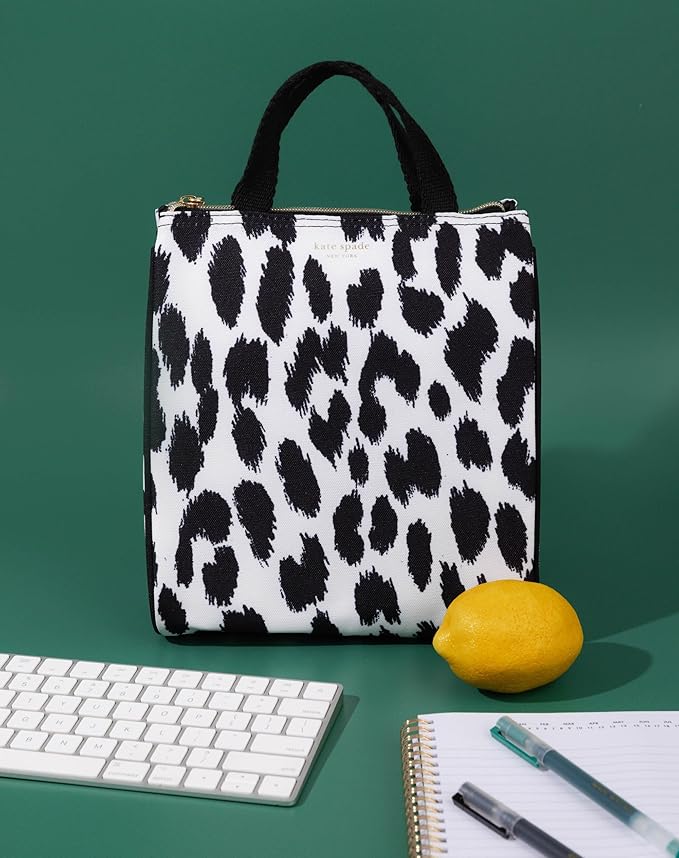 kate spade new york Portable Soft Cooler Lunch Bag, Thermal Tote with Insulated Interior Lining and Storage Pocket, Lunch Tote for Women, Modern Leopard