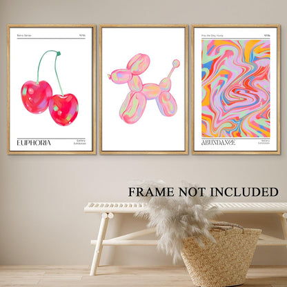 Pink Preppy Wall Art Posters Set of 3 Trendy Cute Balloon Dog Cherry Canvas Prints Modern Colorful Abstract Aura Painting Retro Pop Decor Positive Picture for Living Room Bedroom 12x16in Unframed