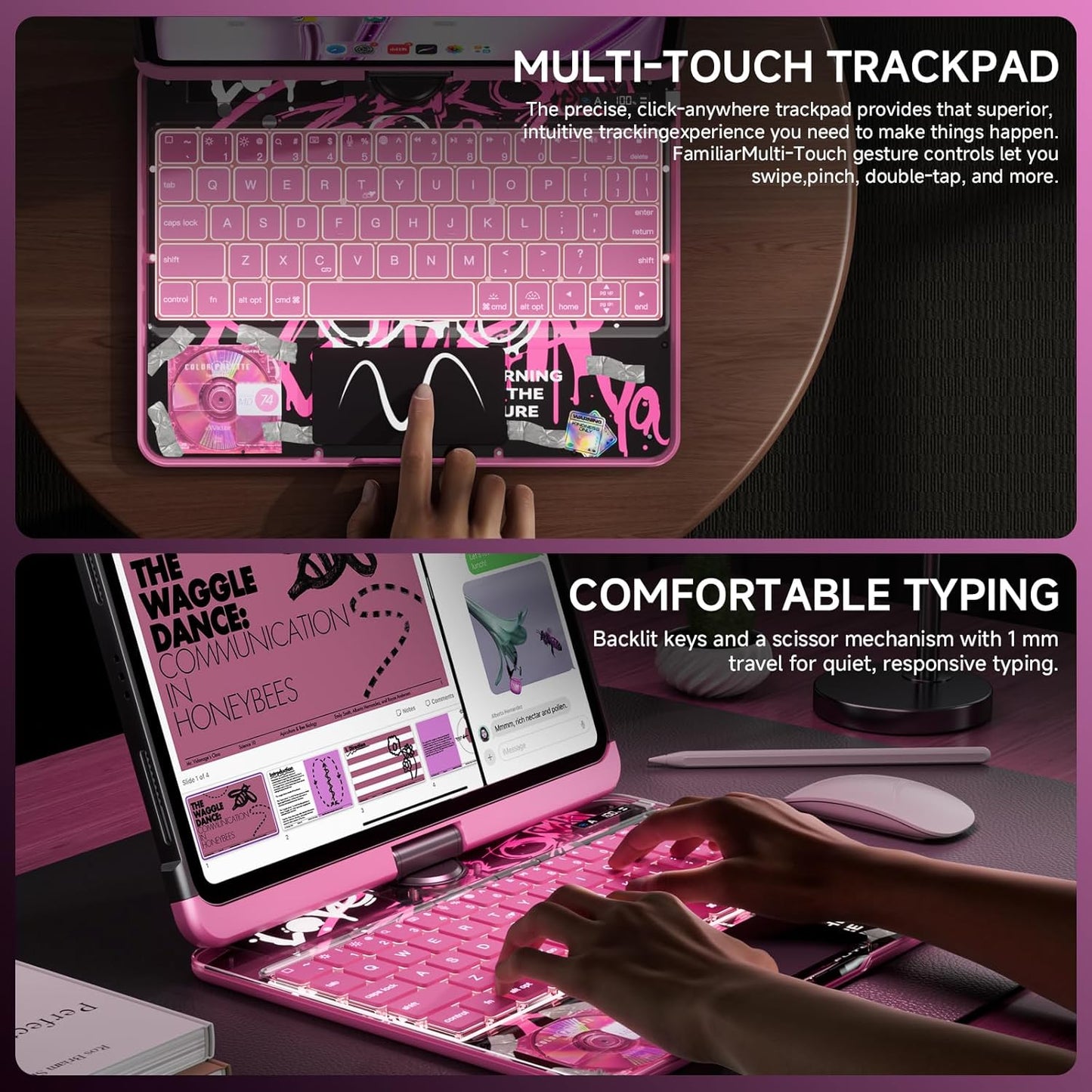 Transparent Case with Keyboard iPad Air (M3/M2,2025/2024) 11 Inch,Compatible 10.9" iPad Air 5th/4th & 11" iPad Pro 4/3/2/1,7-Color Backlit,Wireless Keyboard, 360°Rotating,with trackpad,Pink