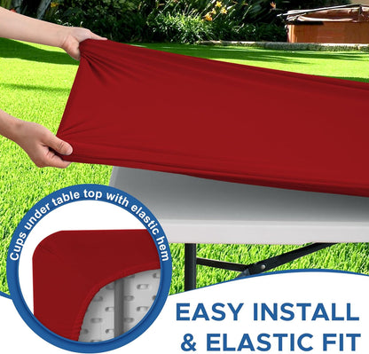 Fitted Tablecloth for 6 Foot Rectangle Tables-4 Pack Red Elastic Outdoor Picnic Table Cover-Spandex Stretch Folding Table Cloths 6 ft for Camping Dining Room Patio Kitchen Banquet Party