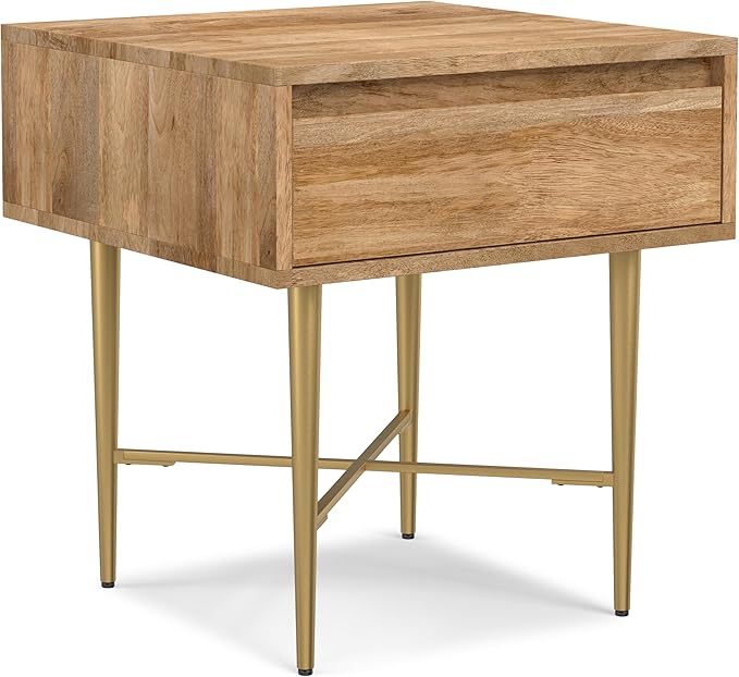 SIMPLIHOME Fallon End Table - 20 inch Wide Solid Mango Wood Square Accent Table with Storage Drawer and Gold Metal Base in Natural, Contemporary Nightstand or Lamp Stand for Living Room or Bedroom