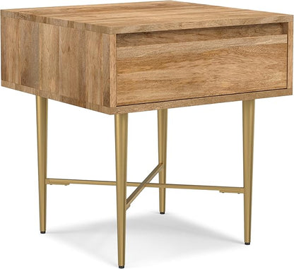 SIMPLIHOME Fallon End Table - 20 inch Wide Solid Mango Wood Square Accent Table with Storage Drawer and Gold Metal Base in Natural, Contemporary Nightstand or Lamp Stand for Living Room or Bedroom