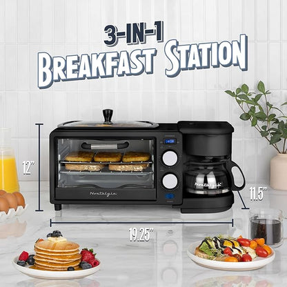 Nostalgia 3-in-1 Retro Breakfast Station - Includes 5 Cup Coffee Maker, Non-Stick Ceramic Griddle, and 4-Slice Toaster Oven - Built-In Timer, Reusable Coffee Filter, Space-Saving Design - Black