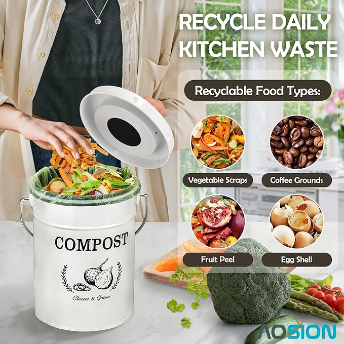 AOSION Countertop Compost Bin Kitchen,Odor Resistant Indoor Compost Bin with Lid and Compost Bags,Compost Bucket Composter Container for Food Waste,White