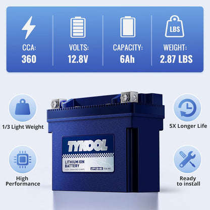 TYKOOL YT12B-BS, 3X Cranking Amps,Lithium LiFePO4 Motorcycle Battery, 12V 6Ah, 360CCA,Powersports Battery, Compatible for Ducati,Kawasaki 1000cc,Triumph 865cc,Yamaha 600cc,1000cc,Piaggio Vespa Scooter