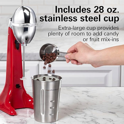 Hamilton Beach DrinkMaster Electric Drink Mixer, Retro Milkshake Maker & Milk Frother, 2 Speeds, Extra-Large 28 oz. Stainless Steel Cup, Red