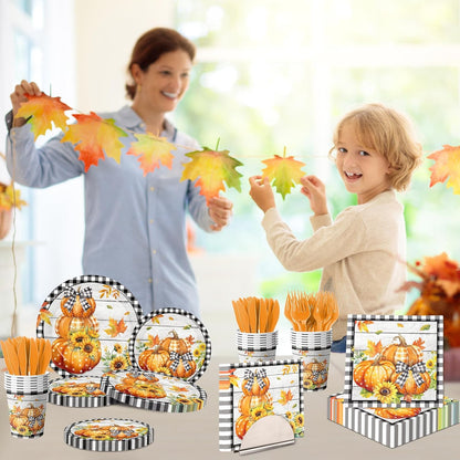 Fall Party Decorations,144Pcs Fall Thanksgiving Tableware Set Includes Plates,Napkins,Knife,Fork Black and White Buffalo Plaid Pumpkin Theme Decorations for Autumn Harvest,Thanksgiving Day
