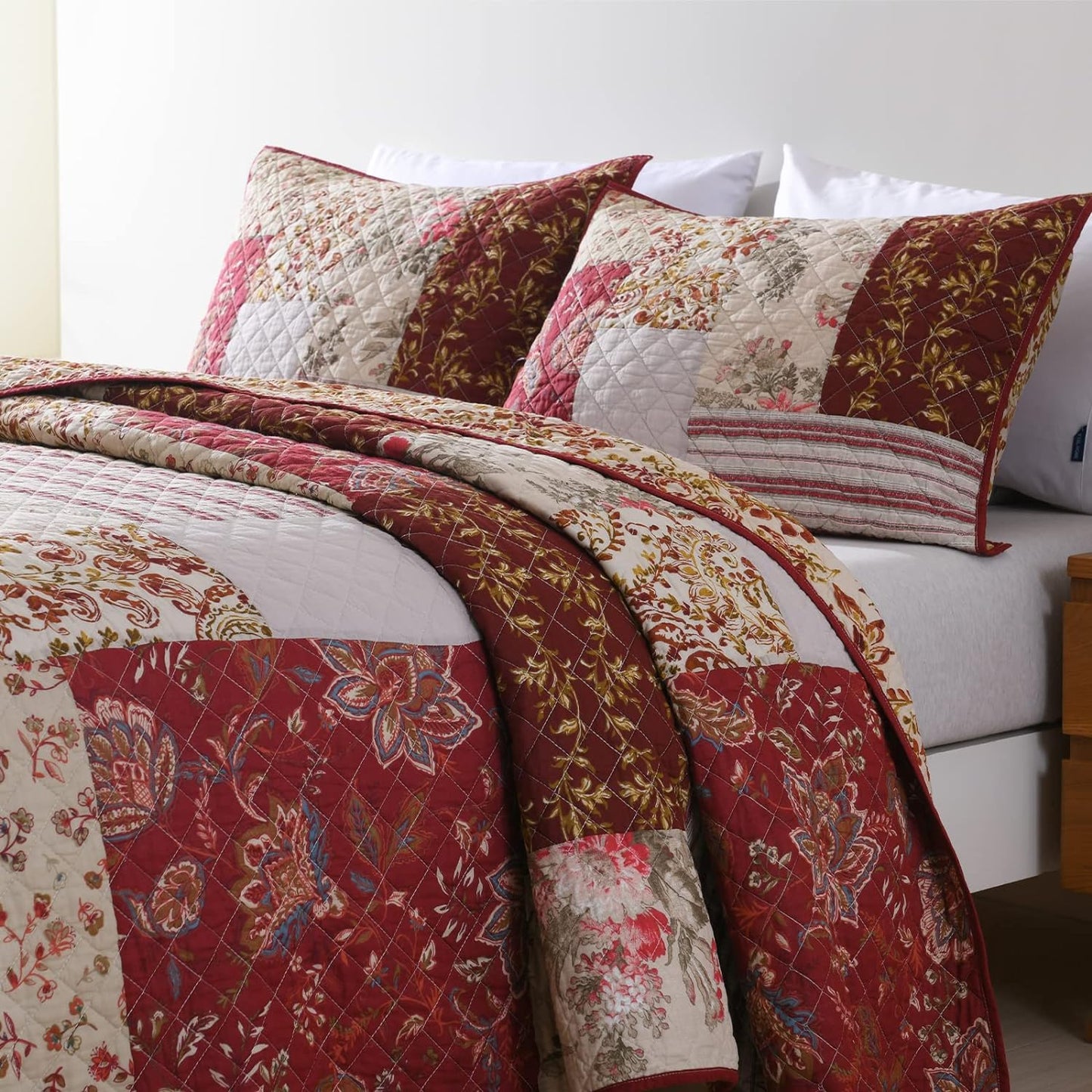 Yvooxny King Quilt Set Quilted Bedspread Country Farmhouse Cottage Vintage Ditsy Floral Paisley Style Reversible Lightweight Coverlet Set Real Patchwork Quilt for All Seasons, Antique Rose, King Size