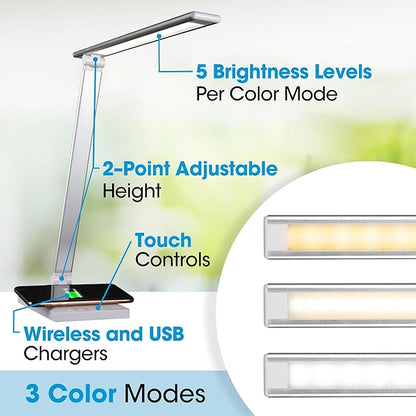 OttLite Entice LED Desk Lamp with Wireless Charger & USB, Book Light, Desk Light, Reading Light, Foldable Arm & Shade, Touch Controls, 3 Color Temperatures, ClearSun LED, Great Lamps for Home Office