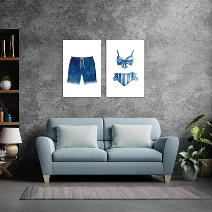 Liyark Set of 2 Retro Navy Blue And White Swimsuit Art Posters Beach Bathing Suit Prints Painting Beach House Wall Art Coastal Wall Decor Pictures For Bathroom Home Decoration 12x16in Framed