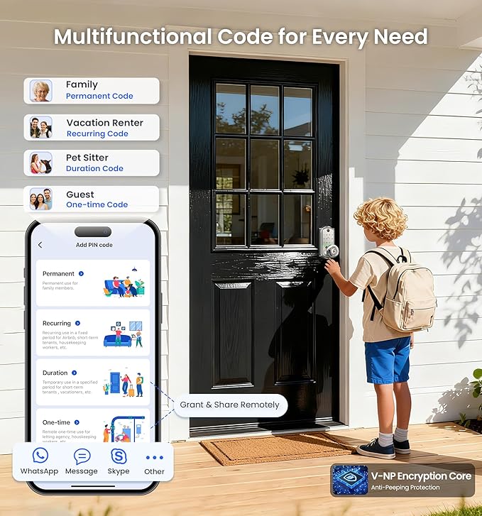 Veise VE018 Smart Knob Handle Lock - Fingerprint, App Control, Keyless Entry for Front Door and Bedroom, Electronic Digital Keypad, Auto Lock, Remote Access Sharing, IP55 Weatherproof, Satin Nickel