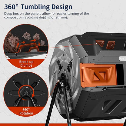 East Oak Compost Tumbler Outdoor, 43-Gallon Tumbling Compost Bin with 2 Sliding Orange Doors & Aeration System, Tumbling Rotating Composter Bin for Kitchen, Garden, Yard,